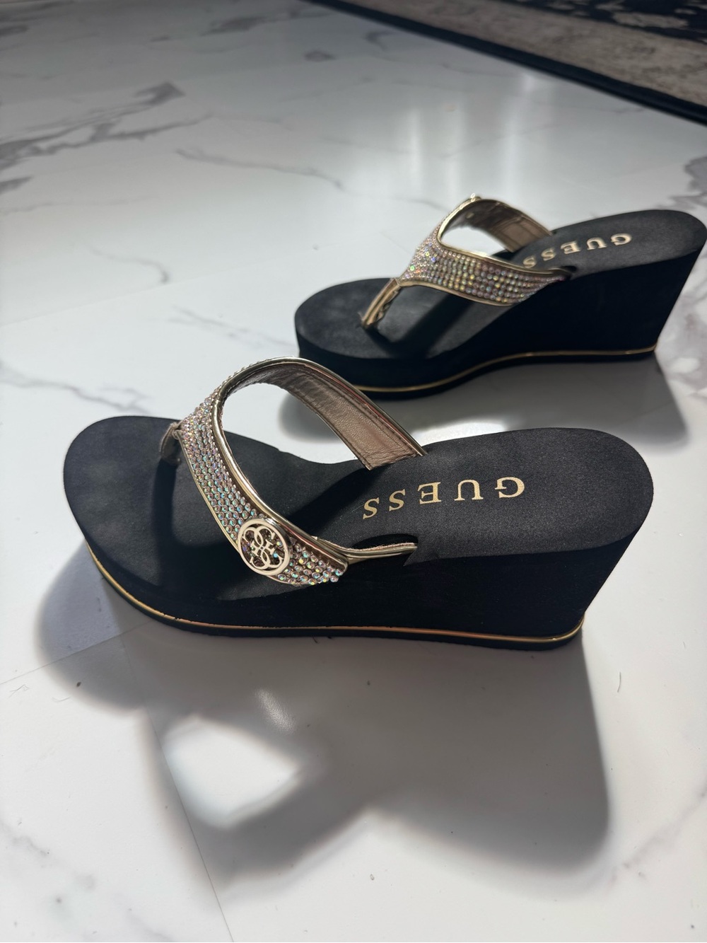 GUESS Black Wedge Thong Sandals with Gold Crystal Straps